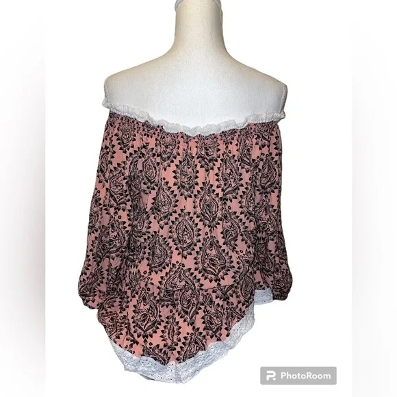 Free People peach black cream off the shoulder dress or long tunic top large - Picture 2 of 6